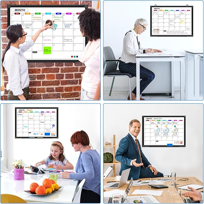Calendar Whiteboard for Wall 24" x 18", Monthly White Board Calendar Dry Erase with Black Aluminum Frame, Dry Erase Board for Office Home and School