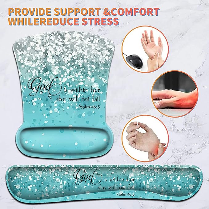 Keyboard Wrist Rest Pad and Ergonomic Mouse Pad Wrist Support Set Psalm 46:5 God is Within Her, She Will Not Fall Blue Glitter for Gaming, Office, Comfortable and Pain Relief with Coaster Set