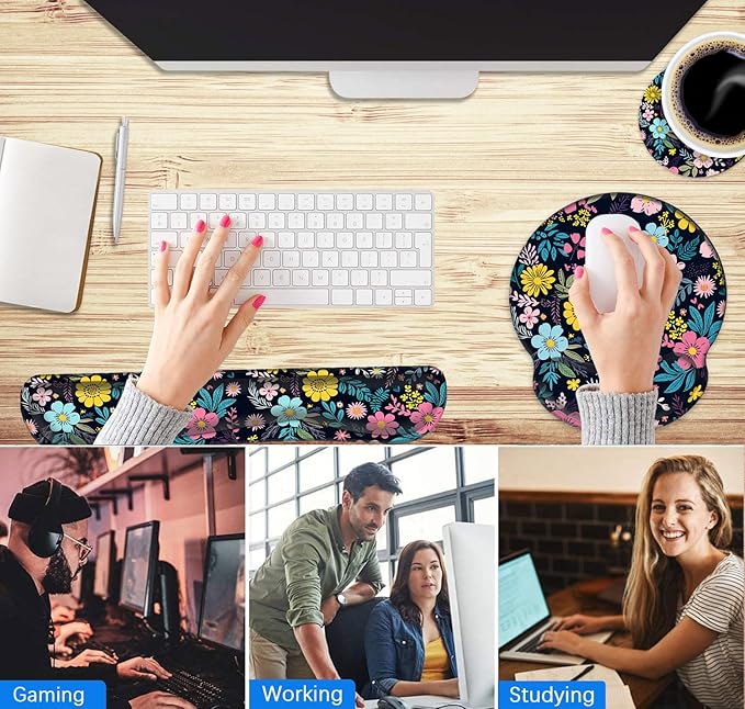 Mouse Pad Wrist Support and Keyboard Wrist Rest with Coaster,Non-Slip Rubber Base Ergonomic Gaming Mousepad for Home Office Working Studying Easy Typing & Pain Relief,Colorful Blooming Floral Flower