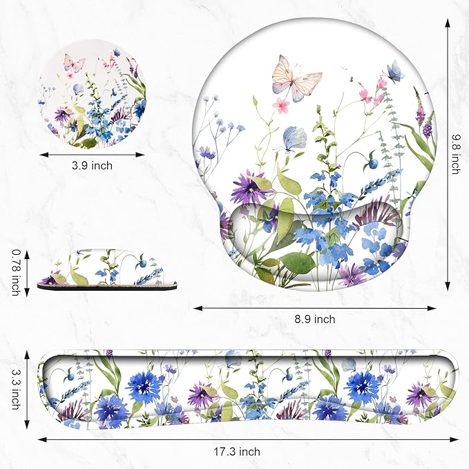 Keyboard Wrist Rest, Ergonomic Mouse Pad Wrist Support, Memory Foam Wrist Rest, Anti-Slip Base,Weeds Mousepad with Coaster for Computer Keyboard Office Home, Beautiful Floral White