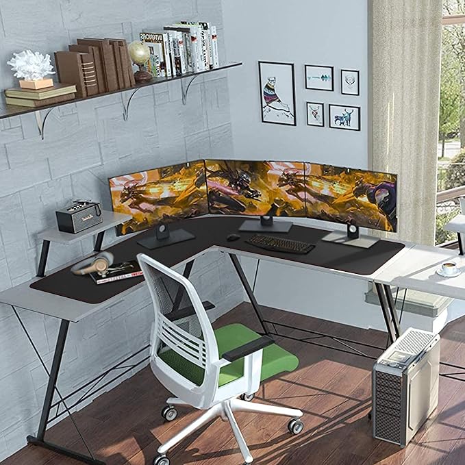 ZORESYN L-Shaped Gaming Desk Mat Mouse pad, Computer Corner Desk Pad, 47" Home Office Writing Desk Pad Protector, Large Waterproof PU Leather Corner Mousepad - Black, (120+120) x40cm