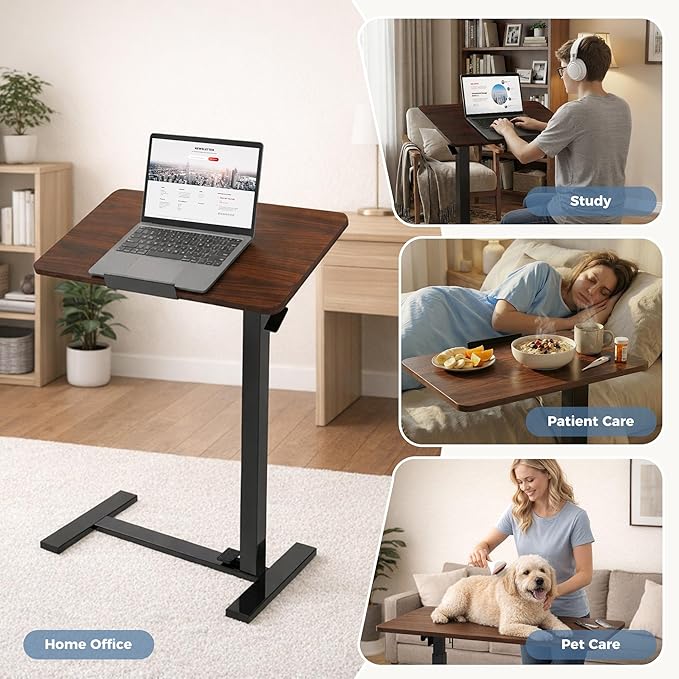 DUMOS Mobile Standing Desk, Height Adjustable Laptop Desk with Pneumatic Lift, Portable Computer Workstation Cart for Bed, Couch, Office, Sofa, Brown