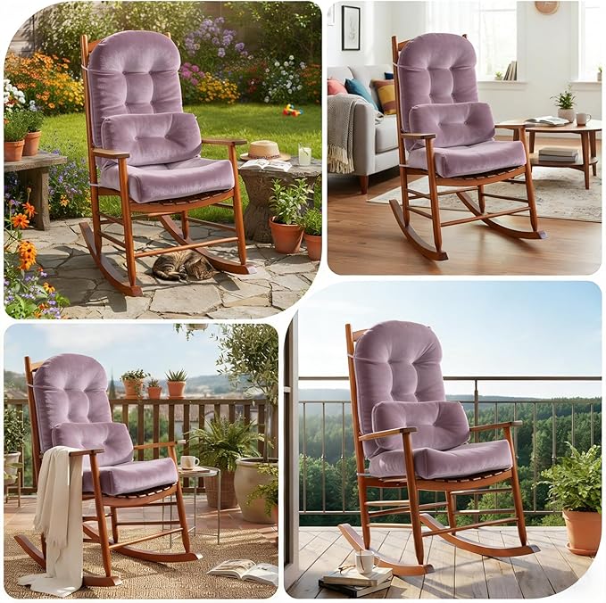 Rocking Chair Cushion Indoor Large Chair Pads Set with Ties Extra Lumbar Pillow Premium Dutch Velvet High Resilience Filler Non-Slip Bottom, Pink
