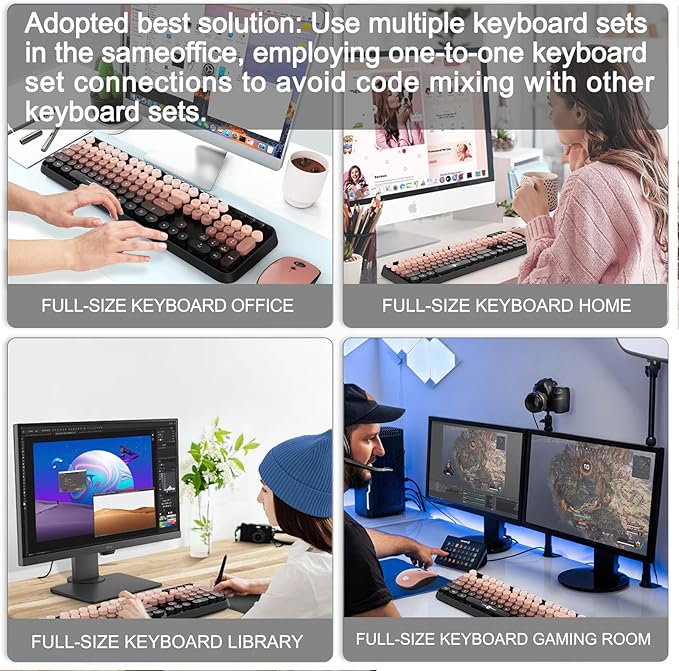 FOPETT Wireless Keyboard and Mouse Combo - 2.4G Full-Sized Cute Colorful Mouse and Keyboard with 104 Round Keys Retro Typewriter Keyboard for Laptop/Windows/PC - Pink Gradient