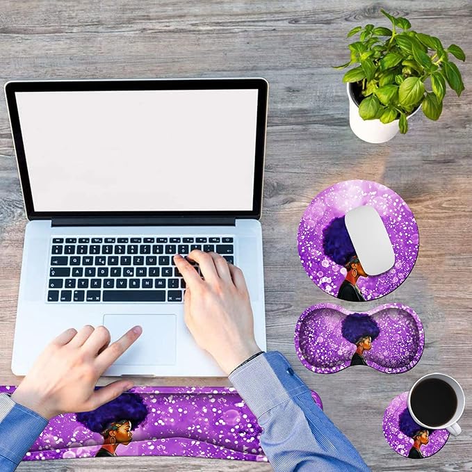 Ergonomic Keyboard Wrist Rests Gel Memory Foam Mouse Pad with Round Mousepad + Coasters, Wrist Support Set with Non Slip Base for Gaming Office Laptop Easy Typing & Pain Relief, Purple African Girl