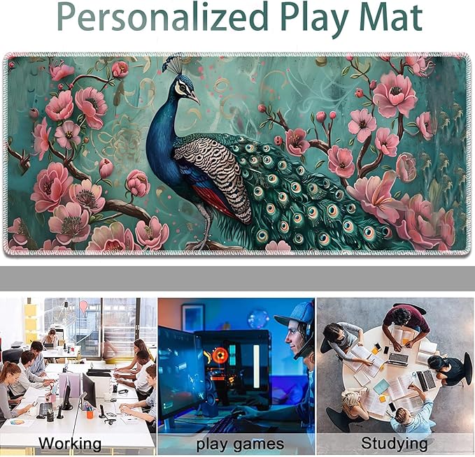 Large Gaming Mouse Pad + Keyboard Wrist Rest + Wrist Support + Coaster Set, Memory Foam Ergonomic for Easy Typing, XXL Extended Gaming Mouse Pad Table Pad - Peacock
