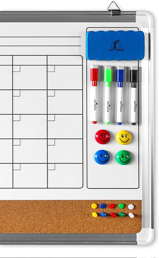 Whiteboard Calendar Dry Erase for Wall - 24 x 18 in White Board Planner Monthly Magnetic with 1 Eraser, 4 Dry Wipe Markers, 4 Magnets and 10 Push Pins - Wall Hanging Marker Board Month Calendar