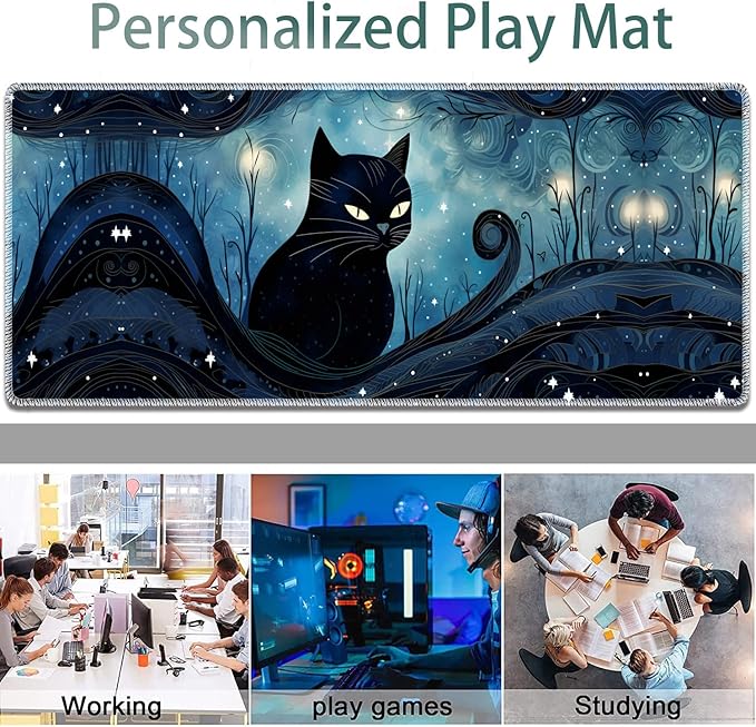 Large Gaming Mouse Pad + Keyboard Wrist Rest + Wrist Support + Coaster Set, Memory Foam Ergonomic for Easy Typing, XXL Extended Gaming Mouse Pad Table Pad - A Cat in The Moonlight