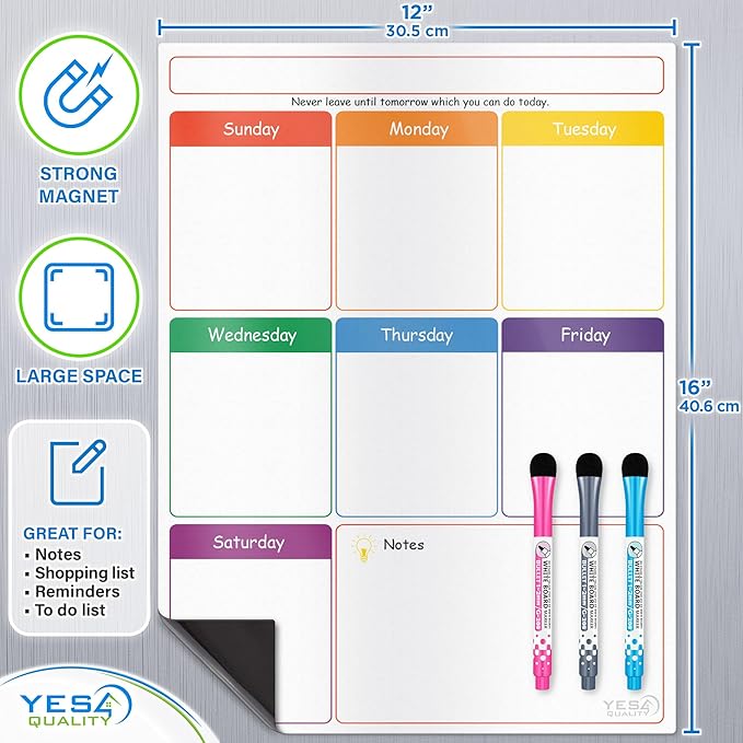 Magnetic Calendar - 16x12 Whiteboard - Dry Erase Calendar for Fridge - Monthly Refrigerator White Board Sheet with 3 Colorful Markers & Eraser, Meal Planner & Family Orgnanizer - by Yes4Quality