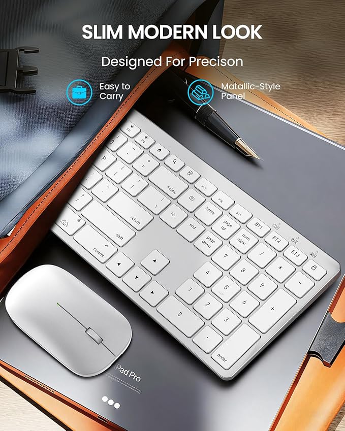 SABLUTE Bluetooth Keyboard and Mouse for Mac — 7-Color Backlit, Multi-Device, Rechargeable, Full-Size Wireless Keyboard Mouse Combo with Quiet Scissor-Switch Keys & Tilt Legs for Mac (Silver White)