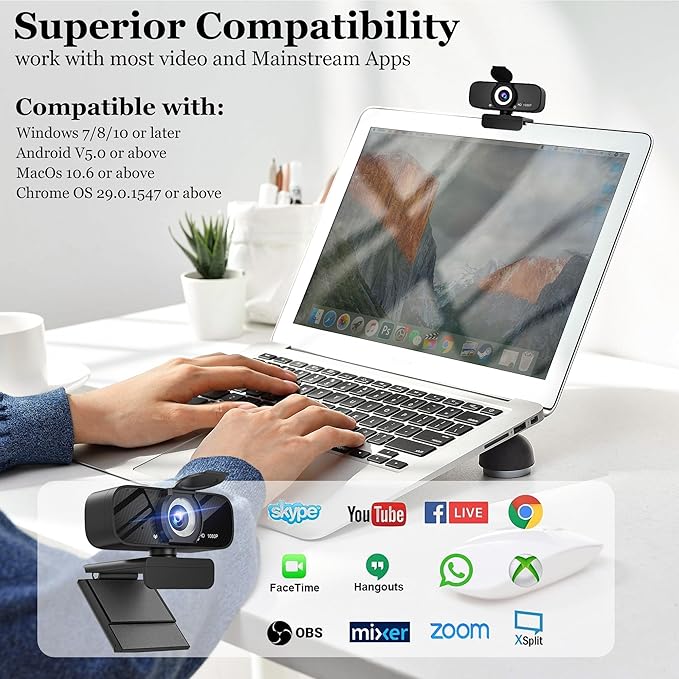 1080P HD Webcam for PC with Auto Focus & Noise Cancelling Mic - Plug and Play Computer Camera for Video Conferencing, Online Classes, Live Streaming - Ideal for Remote Workers/Students/Gamers