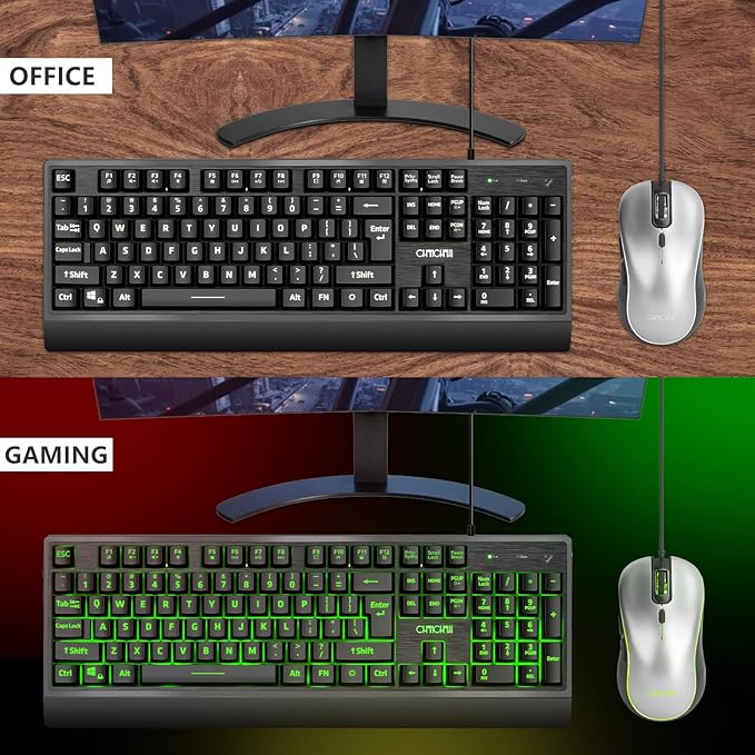 USB Wired Keyboard and Mouse Combo with Red-Yellow-Green LED, Silent Gaming Keyboard with 12 Mulitmedia Keys, Light Up Large Print for Elderly, Low Vision, RGB Backlit Mouse for PC Computer PS5 Laptop