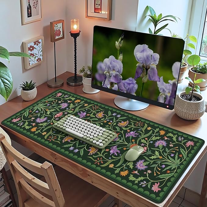 HAOCOO Moss Green Aesthetic Desk Matt for Desktop, Cute Mouse Pad, Non-Slip Vintage Keyboard Mat with Stitched Edge, Large Desk Docer Mat, Desk Cover for Home, Office