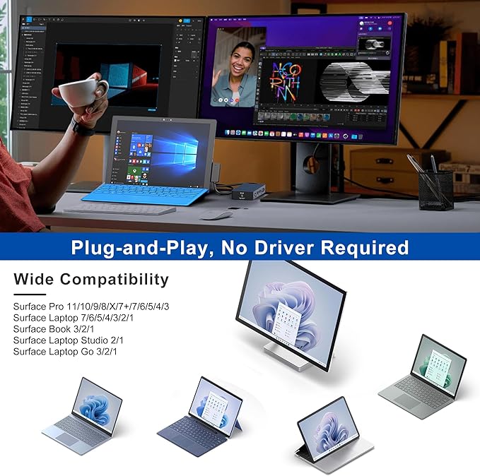 Surface Pro Docking Station Triple Displays with Power Supply, 12 in 1 Surface Dock Station with Dual 4K HDMI+VGA for Surface Pro 11/10/9/8/X/7/6/5/4/3, Surface Laptop 7/6/5/4/3/2/1,Surface Book