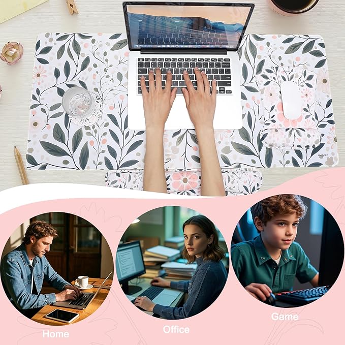 MEGREZ 4-in-1 Ergonomic Memory Foam Wrist Rest Set, Desk Pad, Mouse Pad with Wrist Rest, Keyboard Pad, Suitable for Office Workers, Programmers & Gamers–Relieve Typing & Gaming Fatigue, Red Flower