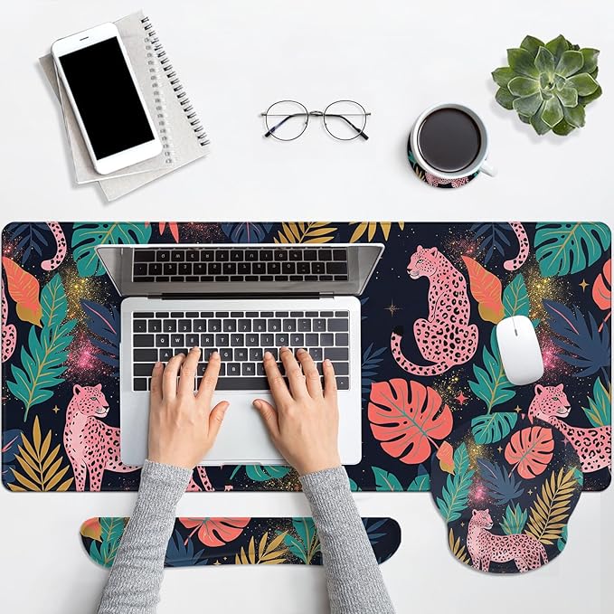 Arttown Leopard Tropical Pink Desk Mat Leaves Mouse Pad Set 4 in 1 Ergonomic Design Large Mouse Pad + Keyboard Wrist Rest + Mouse Wrist Rest + Coaster Suitable for Home Office Study Game