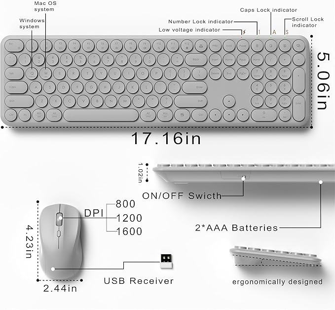 Wireless Keyboard and Mouse Set – MPTOG Full-Sized 110Pcs Slim Round Key Design, Quiet Typing, Adjustable DPI Ergonomic Mouse, Wireless Combo for PC, Mac, Laptop, Tablets(Space Gray)