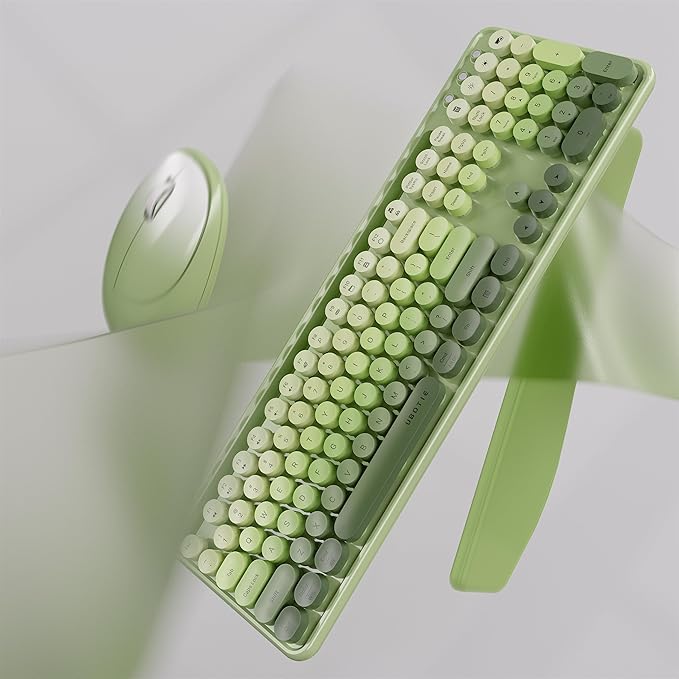 UBOTIE Wireless Keyboard and Mouse Combo with Phone Holder and Wrist Rest, Round Colorful Keys, Power Switches, 2.4GHz USB Receiver, Full-Size QWERTY Layout for PC Laptop(Green