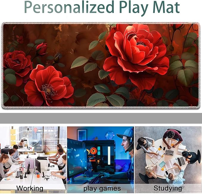 Large Gaming Mouse Pad + Keyboard Wrist Rest + Wrist Support + Coaster Set, Memory Foam Ergonomic for Easy Typing, XXL Extended Gaming Mouse Pad Table Pad - Red Rose