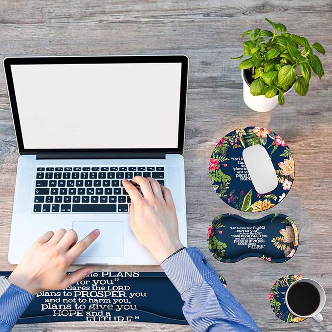 Ergonomic Keyboard Wrist Rests Gel Memory Foam Mouse Pad with Round Mousepad + Coasters, Wrist Support Set with Non Slip Base for Gaming Laptop Easy Typing & Pain Relief, Inspirational Quotes
