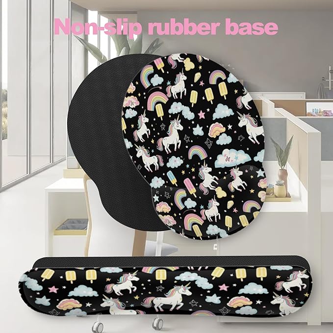 Cute Unicorn Starry Sky Rainbow Ergonomic Wrist Support Keyboard Mouse Wrist Rest Set, Computer Office Comfortable Wrist Rest for Mouse Easy Typing