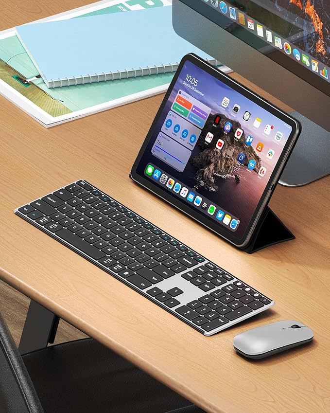 seenda Wireless Bluetooth Keyboard and Mouse Combo, SKM64-3 Rechargeable Slim Quiet Keyboard Mouse, 3 Multi-Device Connection, Compatible for Windows, Mac, MacBook, iPad, Tablet, Black Silver