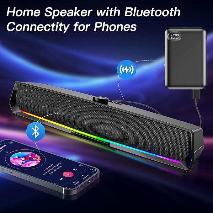 Computer Speakers for Desktop,PC Speakers Gaming Sound bar with Colorful Light,USB Speaker With Bluetooth for PCs Desktop Laptop Tablets,Wired Bluetooth Speaker for Phones(Type-C Adapter Included)