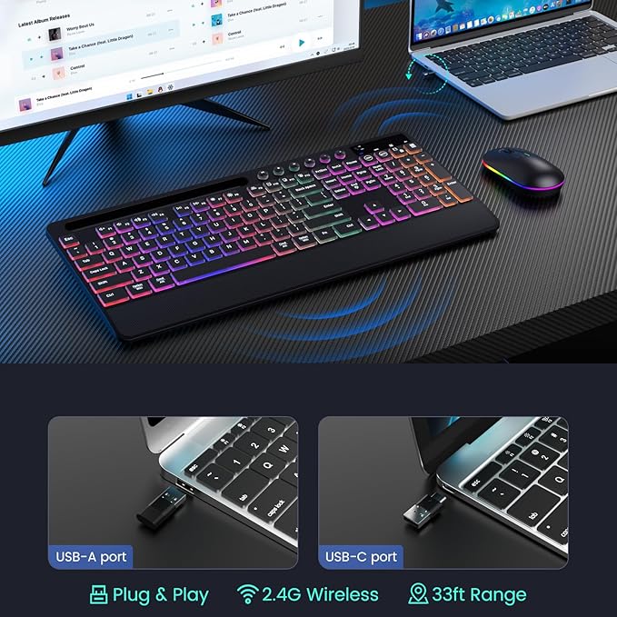 Wireless Keyboard and Mouse Combo - Dual System RGB Backlit Mouse and Keyboard,2.4G Rechargeable,Full-Sized Ergonomic Silent Design with Phone Holder for Windows Mac PC Laptop (Black-V2)