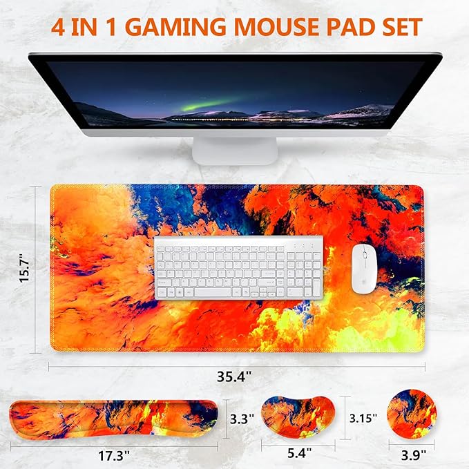 DINKY Keyboard Mouse Pad Set, Large Gaming Mousepad + Memory Foam Ergonomic Keyboard Wrist Rest Support, Easy Typing Pain Relief, 4Pcs (35.4" x 15.7") Extended Desk Mat-Art Painting