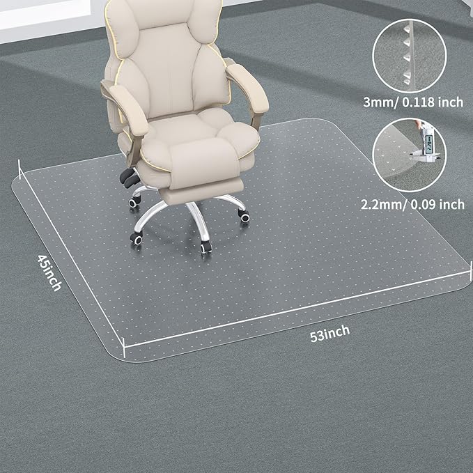 Office Chair Mat for Carpet, 53" X 45" X 0.09" Desk Chair Mat for Carpet Floors, Clear and Thick Rolling Computer Chair Mats with Non-Slip Studded for Home and Office Low Pile Carpets