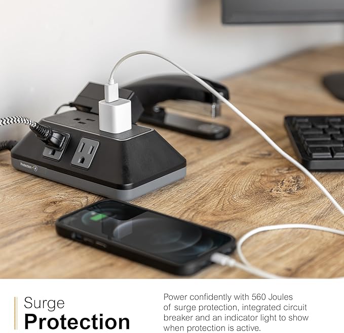 GE 6-Outlet Surge Protector, 6 Ft Braided Extension Cord Power Strip, Flat Plug, Adapter Spaced, Multi Plug Outlet Extender, for Home, School, and Office, 560J, Black - 70614