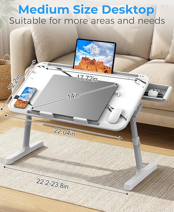 Laptop Bed Tray Table, Adjustable Sturdy Laptop Stand for Bed with Premium Materials, Folding Portable Lap Desk with Drawer for Writing Working Reading Eating Couch Floor (Marble, 22.04"×12.2")