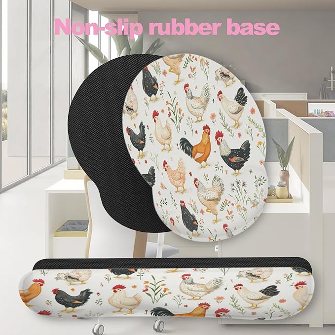 Rooster Hen Chicken Meadow Ergonomic Wrist Support Keyboard Mouse Wrist Rest Set, Computer Office Comfortable Wrist Rest for Mouse Easy Typing