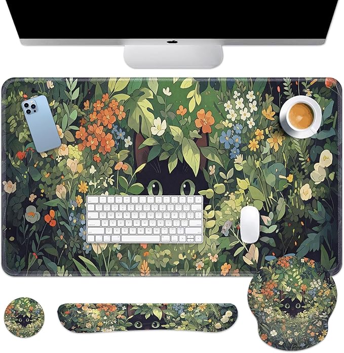 Arttown Cute Cat Flower Desk Mat Green Leaves Mouse Pad Set 4 in 1 Ergonomic Design Large Mouse Pad + Keyboard Wrist Rest + Mouse Wrist Rest + Coaster Suitable for Home Office Study Game