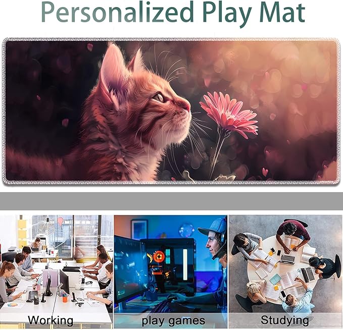 Large Gaming Mouse Pad + Keyboard Wrist Rest + Wrist Support + Coaster Set, Memory Foam Ergonomic for Easy Typing, XXL Extended Gaming Mouse Pad Table Pad - Kitten Daisy