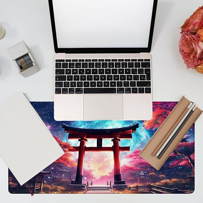 Anime Torii Gate Desk Mat, Cherry Tree and Galactic Sky Large Gaming Mouse Pad, 31.5"x15.7" Extended Big Computer Keyboard Mouse Pad with Non-Slip Base and Stitched Edge