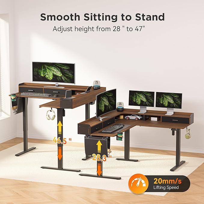 63 Inches Height Adjustable L Shaped Standing Desk with 3 Drawers and Monitor Shelf, Electric Sit to Stand Home Office Comupter Table, Ergonomic Corner Gaming Desk, Black Walnut