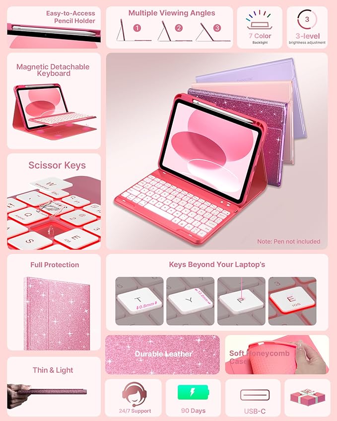typecase Folio Keyboard Case for iPad 10th Gen 10.9 inch (2022) and iPad 11th (A16, 2025), Magnetic Wireless Detachable Keyboard, 7-Color Backlight, Thin & Light, Pencil Holder – Rose Red Glitter
