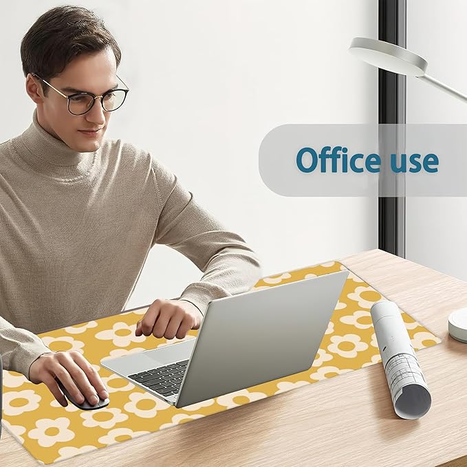 Desk Mat, Vintage Groovy Yellow Flowers Extended Gaming Mouse Pad Large, Big Desk Mat with Non-Slip Base and Stitched Edge, Long Computer Keyboard Mouse Mat for Home Office Work 31.5"x11.8"
