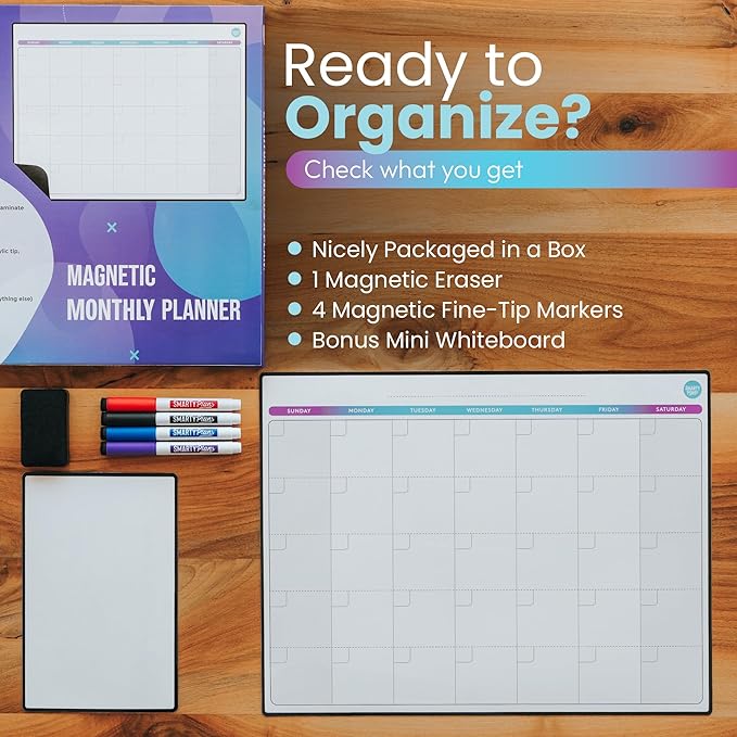 Dry Erase Weekly Extra Thick Magnetic Calendar for Refrigerator: 17x13 Two Week Planner and 6x9 White Board, 4 Fine Tip Markers and Eraser. Stain Resistant. Shipped Flat. (Monthly Planner)