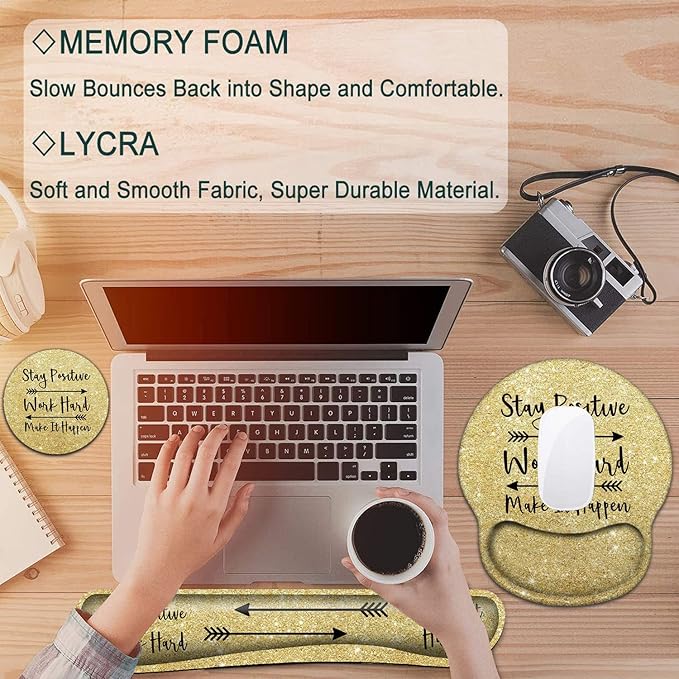 Keyboard Wrist Rest and Mouse Pad with Wrist Support, Ergonomic Gel Mouse Pad Coaster, Easy Typing Pain Relief,Keyboard Mousepad Set,Stay Positive Work Hard and Make It Happen Gold Glitter