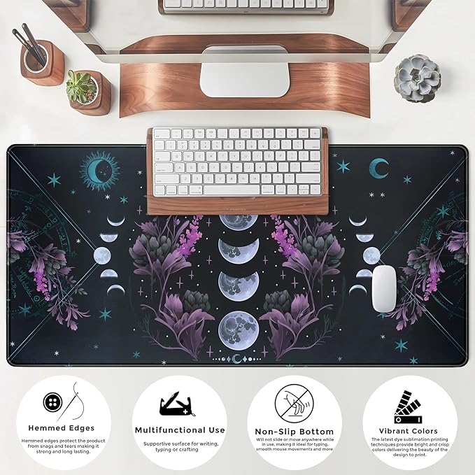 Celestial Moon Phases Mouse Pad Large Purple Desk Mat Forest Extended Gaming Mousepad Violet Teal Desk Pad XXL 31.5 x 15.7 in Laptop Computer Mouse Keyboard Mat for Office Desk Decor