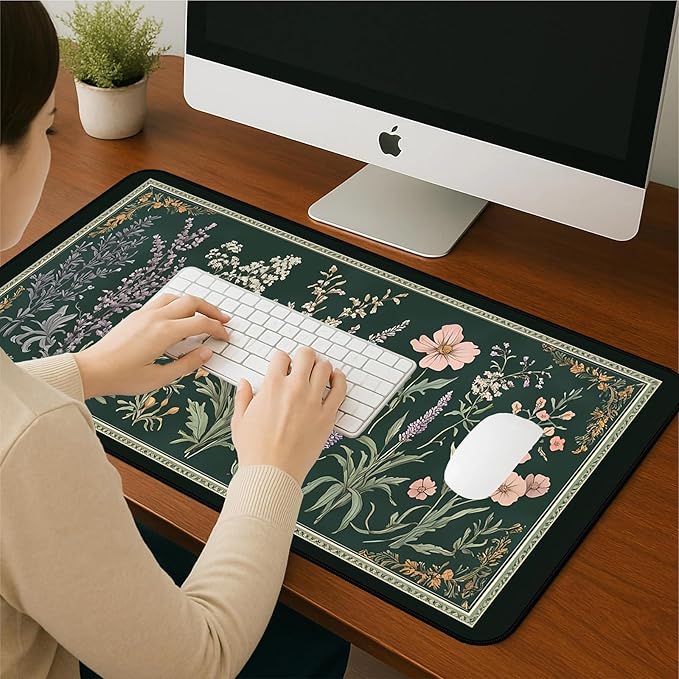 Deep Green Retro Desk Pad, Plant Flower Mouse Pad XXL, Large Gaming Mouse Mat, Laptop Pad, Desktop Protective Pad, Computer Mats with Stitched Edges, Women Office Desk Accessory 31.5"X15.7"