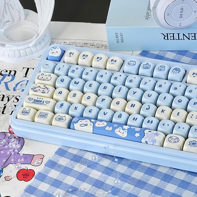 PBT Keycaps - Cute Keycaps Blue White 60 65 75 100 Percent, Kawaii Anime Cat Key caps Custom 130 Keys, MOA Profile for 61/68/84/87/98/100 Cherry Gateron MX Mechanical