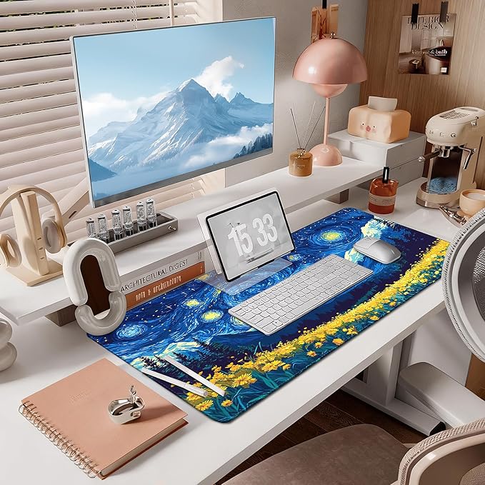 Mouse Pad Gaming - Desk Mat for Keyboard and Mouse - Van Gogh Starry Night Large Mouse Pads for Desk, Desks Pad Mat(35.4" X 15.7") with Non-Slip Base, Gaming Mousepad for Game, Office and Home