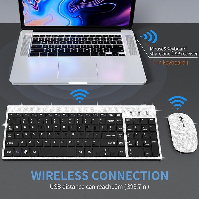 Dazzling Luxury Cute Keyboard and Mouse Wireless, Sparkly Bling Rhinestone Wireless Mouse and Keyboard Gift Set (Silver)