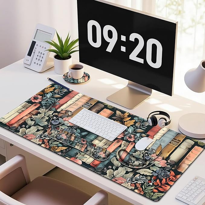 Nature Aesthetic Florals Books Mouse Pad, XXL Large Desk Mat Extended Reading Desk pad, 4PCS Non-Slip Rubber Base Computer Big Mousepads for Work, Game, Office, Home Decor Accessories I Bookworm Gift
