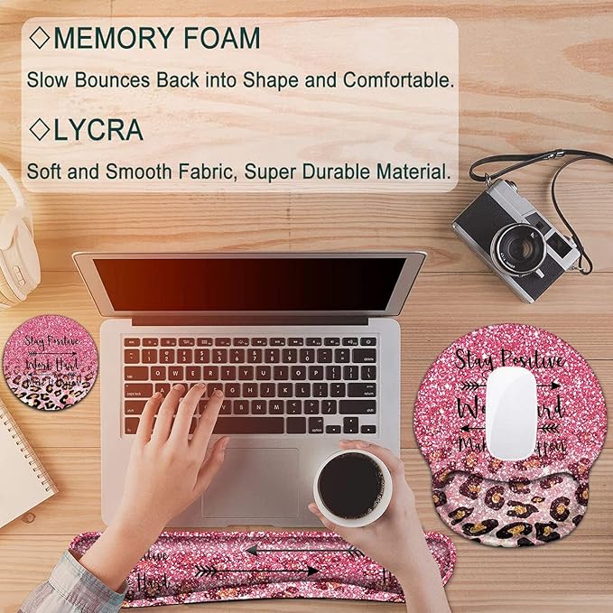 Keyboard Wrist Rest and Mouse Pad with Wrist Support, Ergonomic Gel Mouse Pad Coaster,Easy Typing Pain Relief, Memory Foam Keyboard Mousepad Set,Pink Faux Glitter Leopard