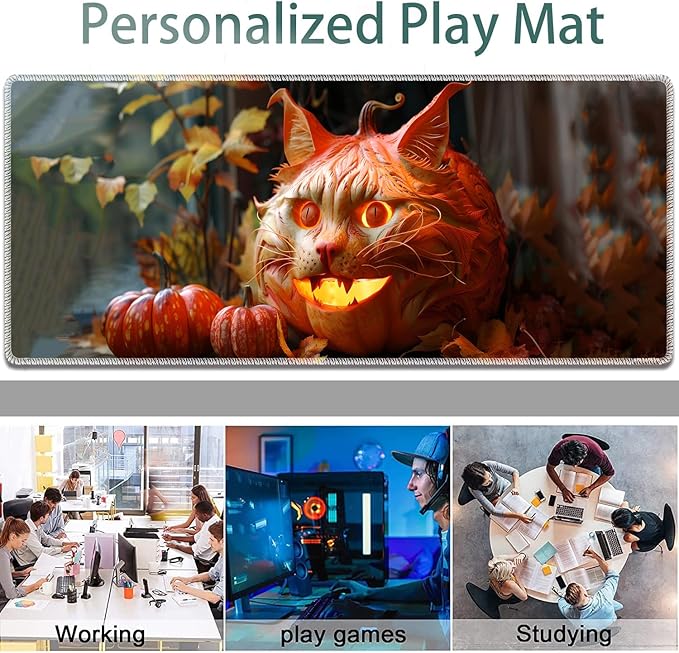 Large Gaming Mouse Pad + Keyboard Wrist Rest + Wrist Support + Coaster Set, Memory Foam Ergonomic for Easy Typing, XXL Extended Gaming Mouse Pad Table Pad - Pumpkin Cat