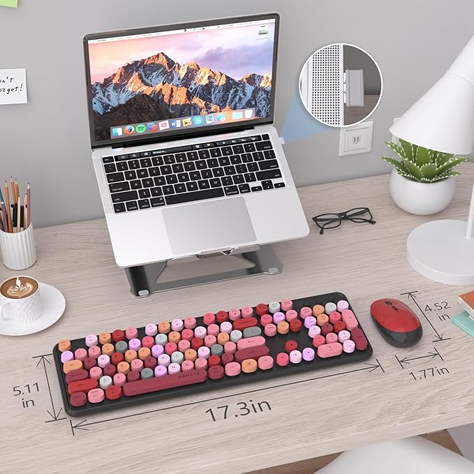 UBOTIE Colorful Computer Wireless Keyboard Mouse Combos, Typewriter Flexible Keys Office Full-Sized Keyboard, 2.4GHz Dropout-Free Connection and Optical Mouse (Black-Colorful)